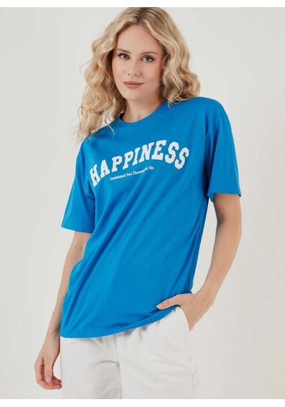 Kozia Outdoors Malkoçbey Happinnes Baskili Oversize Unisex Basic T-shirt Mavi