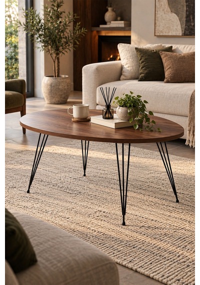 Sulorahome Ceviz Desenli Tel Ayaklı Oval Orta Sehpa