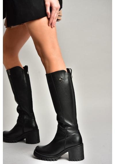 Fox Shoes R654034003 Siyah Gerçek Deri Kalın Topuklu Kadın Çizme Siyah Deri-hakiki Deri Siyah