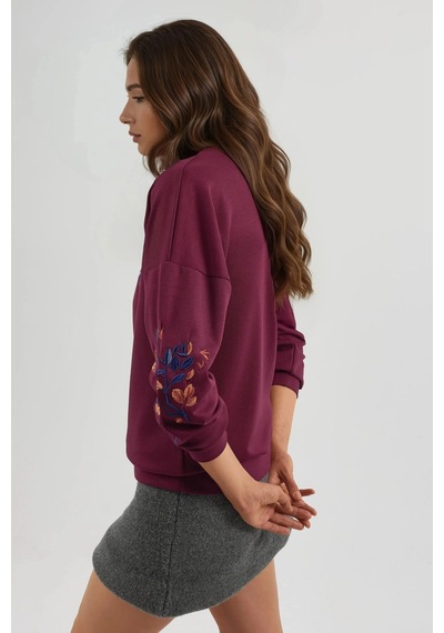 Fiolin Modal Dokulu İşlemeli Bisiklet Yaka Sweatshirt Bordo