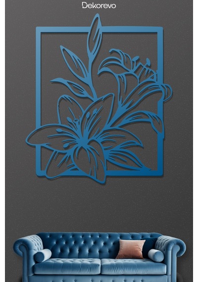 Çiçekler Çerçeve Metal Duvar Tablosu - Metal Duvar Sanatı - Mavi - 65 X 75 Cm