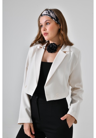 Ekru Kruvaze Crop Blazer Ceket Ekru