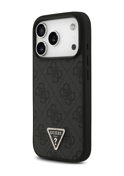 Apple iPhone Uyumlu 18 Pro Kılıf Guess Lisanslı M-safeli Pu Deri Taşlı Üçgen Logo 4g Desenli Strass Kapak Siyah