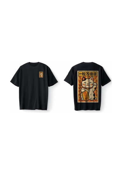 Bumeta Maneki Neko Şans Kedisi Lucky Catoversize Unisex Tişört T-shirt Siyah