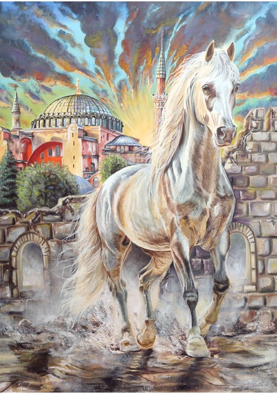 İstanbul Ayasofya Ve Beyaz At El Yapımı Akrilik Tablo 98x100 Cm