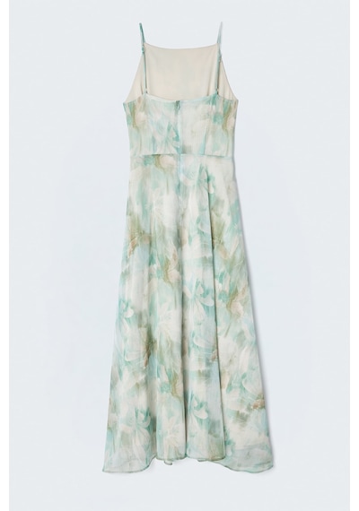 Sateen Çiçek Desenli Askılı Uzun Elbise - Mint-137411
