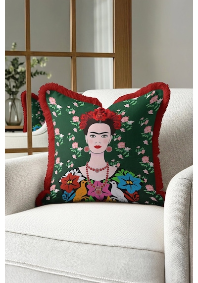 Çiçekli Sanat Portre Saçaklı Yastık Kılıfı - Yeşil Bohem Kuş Kırmızı Püsküllü Kırlent Kılıfı Tozlu Grili Nane