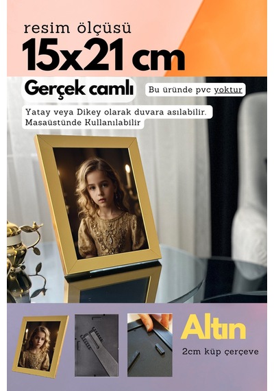 Fırçalı Altın-20mm Çerçeve Camlı 15x21 Cm Fotoğraf Resim Çerçevesi Ayaklı Veya Duvara Asma Yatay-dikey 08462057