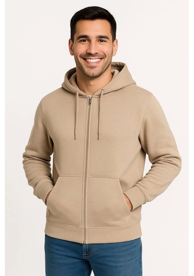 Butik İstanbul Erkek Üç İplik Kapüşonlu Tam Fermuarlı Kanguru Çepli Sweatshirt Hoodie - Bej