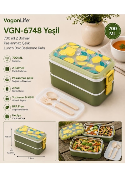 Vagonlife Vgn-6748 Yeşil 700 Ml 2 Katlı Paslanmaz Çelik Lunch Box Beslenme Kabı Çok Renkli