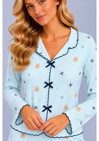 Pijamask Kadın Desenli Fiyonk Detaylı Düğmeli Uzun Kollu Müslin Pijama Takımı Mavi-19