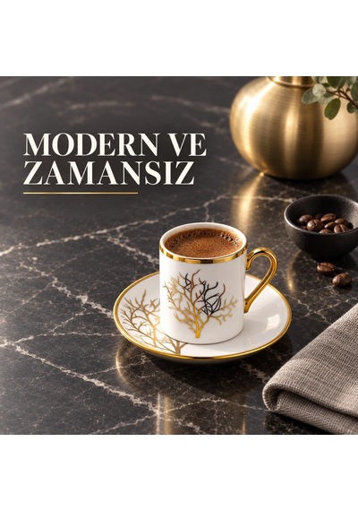 Valkyrie 12 Parça 6 Kişilik 80 Ml Türk Kahvesi Fincan Takımı Gold Detaylı Ağaç Desenli K654-a