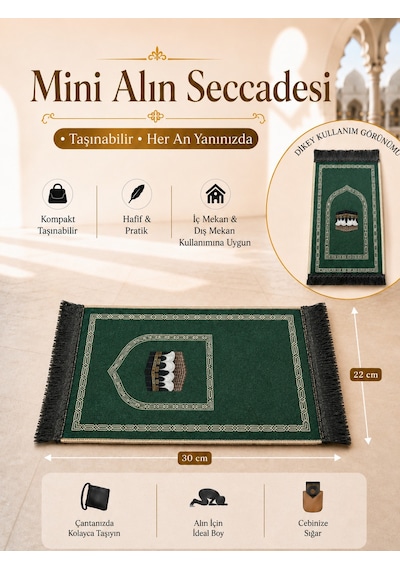 Mini Alın Seccadesi Kaymaz Taban Desenli Cep Tipi Seyahat Namaz Seccadesi - Zümrüt Yeşili Yeşil