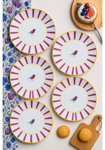 Grandora Kuş Desenli Pembe Çizgili 6 Lı Pasta Ve Tatlı Tabağı Seti 20 Cm Modern Ve Şık Sunum Tabakları Kırmızı
