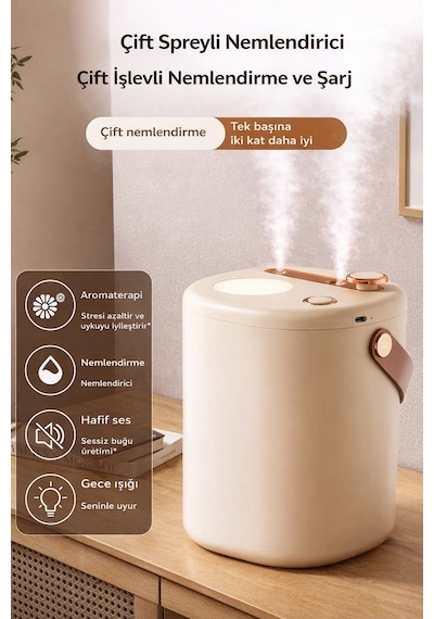 Exenar - Bej - Şarjlı Hava Nemlendirici 1,2 Litre Kablosuz Buhar Makinesi Led Işık Aroma Difüzörü Sesiz Nemlendirme