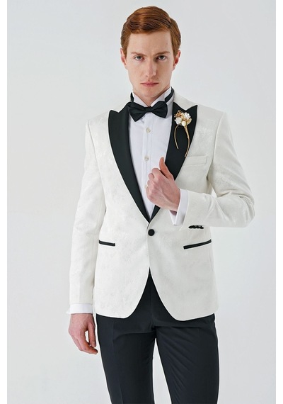 İmza Açık Krem Çıkarılabilir Kırlangıç Yaka Likralı 6 Drop Slim Fit Smokin Damatlık 1001240204-Açık Krem