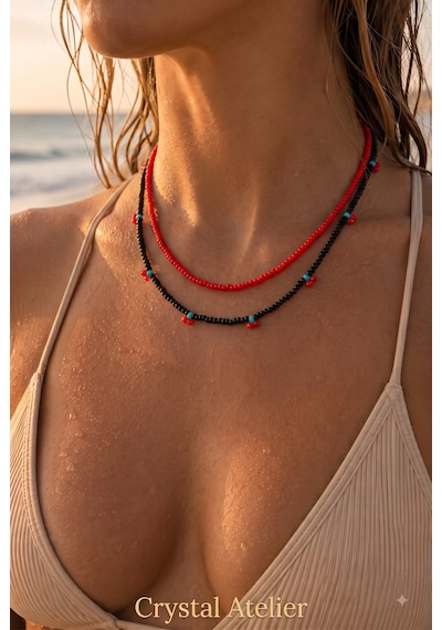 Crystal Atelier 2'li Kiraz Kolye Seti El Yapımı Kum Boncuk Siyah Kırmızı İkili Kadın Choker Kolye Kombini Kırmızı - Siyah