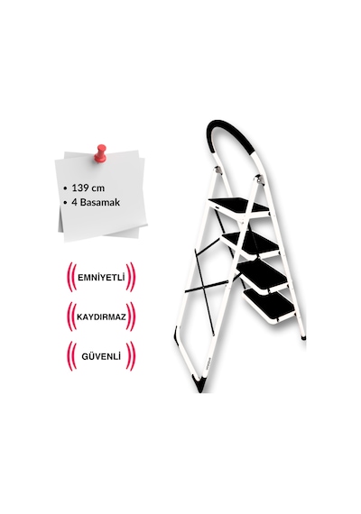 Çelik 4 Basamaklı Geniş Basamak Ev - Ofis Tipi Merdiven - Tutacaklı