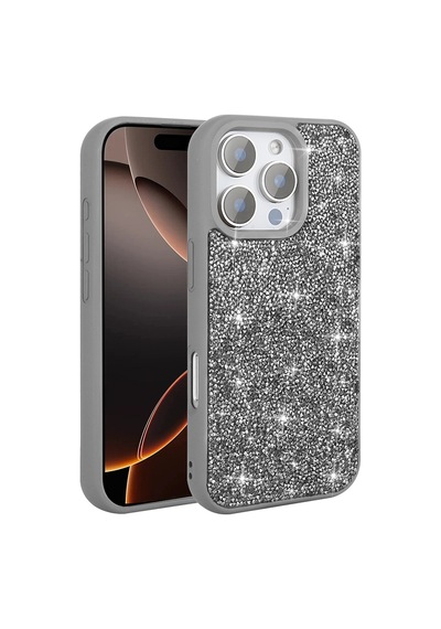 Zore Apple iPhone Uyumlu 16 Pro Max Kılıf Parlak Taşlı Tasarım Omsy Pırlanta Kapak - Siyah