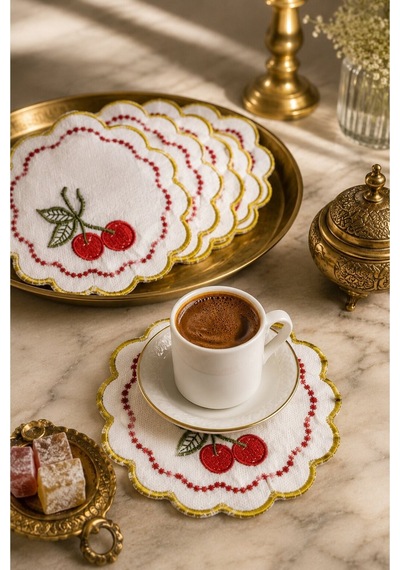 Gold Nakış Kiraz İşlemeli 6'lı Kahve Yanı Sunum Peçetesi Çeyizlik Kahve Altı Sunum Peçetesi Peryuna Gümüş