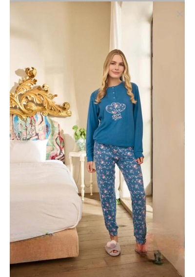 Aydoğan Kadın Düğme Yaka Termal Pijama Takımı 240674m- 1 Adet Mavi