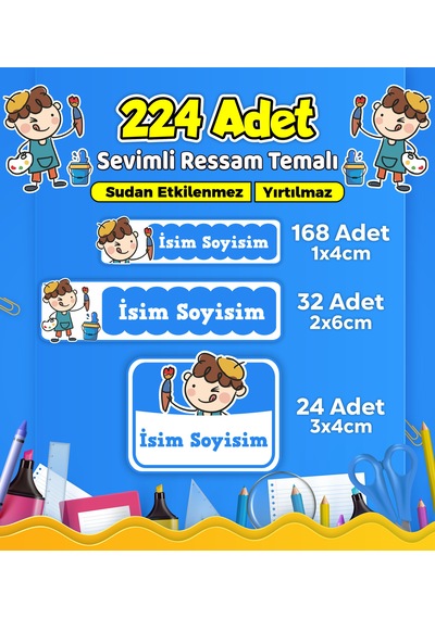 Sevimli Ressam Okul Kreş Kişiye Özel İsim Etiket Seti - Model 493 Çok Renkli