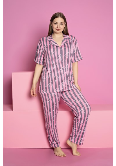 Rindahomewear Kadın Büyük Beden Milan Örme Düğmeli Kısa Kol Çizgi Desenli Pijama Takımı Pembe