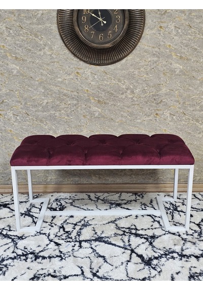 Zafir Beyaz Boyalı - L - Ayaklı 100 Cm X 38 Cm Oturak - Bench - Makyaj Taburesi - Makyaj Oturak Bordo