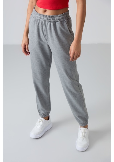 Tommy Life Gri Melanj Cepli Yüksek Bel Rahat Form Lastik Paça Kadın Eşofman Alt - 94583 GRİ MELANJ