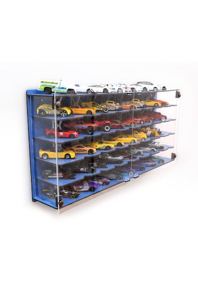 Pleksi Kapak 48 Araçlık 1/64 Hotwheels, Matchbox Uyumlu Hobi Oyuncak Araba Rafı Koleksiyon Model Araba Garajı Mavi