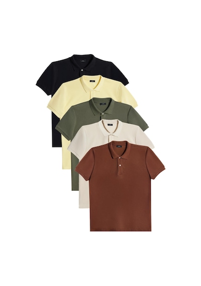 Tudors Erkek 5'li Paket Siyah-sarı-haki-ekru-kahverengi Slim Fit Pamuklu Düz Pike Polo Yaka Tişört-35586 Multi