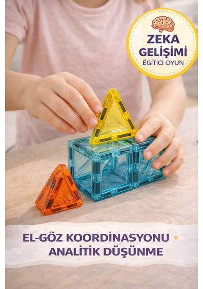 50 Parça Manyetik Blok Seti Eğitici Zeka Oyunu, 3d Yapı Oyuncak, 3+ Yaş