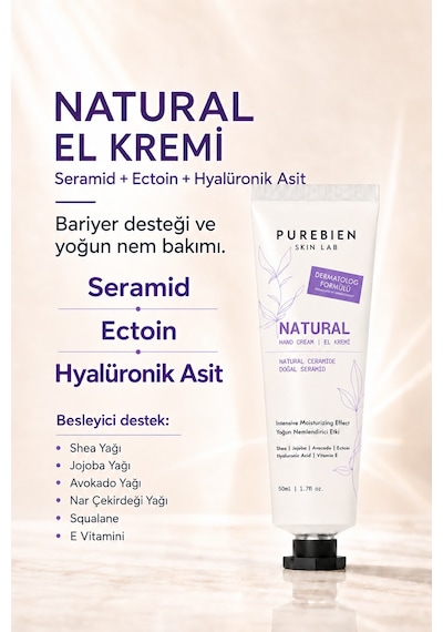 Purebien Skin Lab Natural El Kremi Seramid, Ectoin Ve Hyalüronik Asit İçeren Yoğun Nem Bakımı 50 Ml Diğer