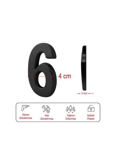 Yapışkanlı Kapı Numarası Küçük Boy 50 Mm 5 Cm Numara 6 Rakam Altı Sayı Siyah Renk Numaralar 1 Adet Diğer