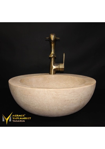 Traverten Batarya Çıkışlı Yuvarlak Tasarım Lavabo
