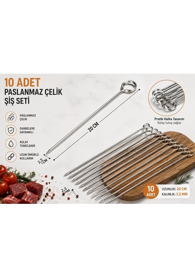 Lexroo 10'lu Paslanmaz Çelik Mangal Şişi Seti 20 Cm