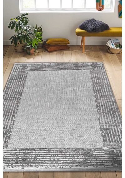 Parlak Saten Dokulu Poem Bambu Tuşe Klasik Çerçeve Desenli Halı Pm08 Beyaz Açık Gri