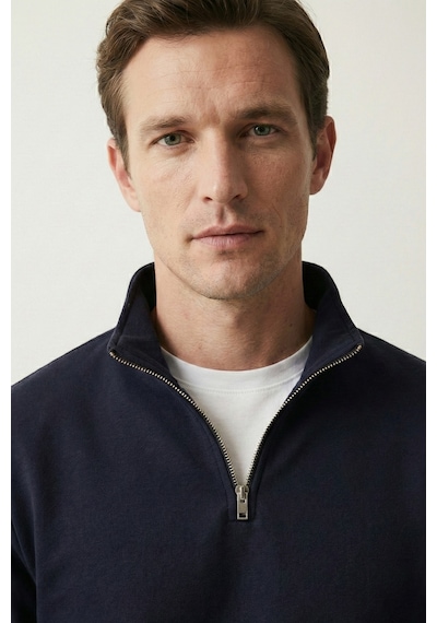 Elemge Pamuklu Erkek Sweatshirt Lacivert Soft Touch Relax Fit Yarım Fermuarlı Dik Yaka 3 Iplik Nefes Alan
