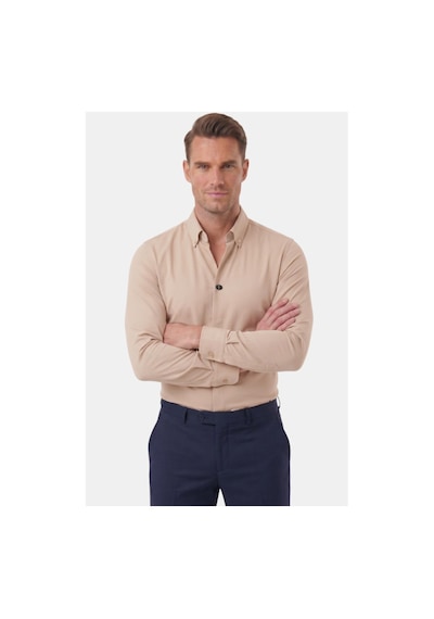 Deepsea Bej Slim Fit Kolay Ütülenebilir Açık Dik Yaka Likralı Erkek Gömlek 2602615