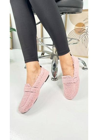 Günlük Kadın Loafer Peluş Astarlı Oval Burunlu Alçak Desenli Tabanlı Ayakkabı 375 Pudra