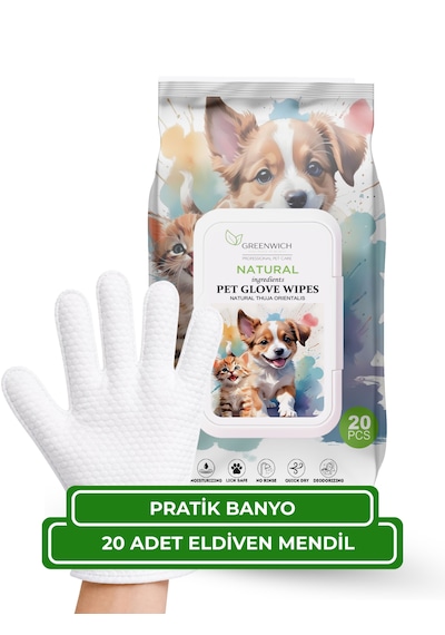 Kedi Ve Köpek Eldiven Mendil 20 Adet Banyoya Alternatif Durulama Gerektirmeyen Temizleme Eldiveni Vegan Günlük Hijyen Ve Bakım