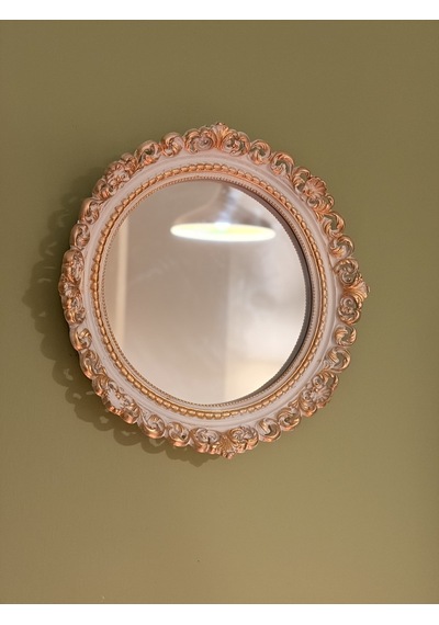 Dantel Kabartmalı Yuvarlak Duvar Aynası Beyaz & Eskitme Altın 28 Cm Naturel