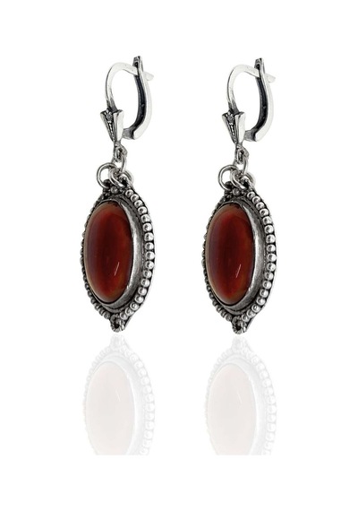 Oya Silver Vintage Doğal Oval Akik Taşlı Gümüş Kadın Küpe 4.6x1.8 Cm