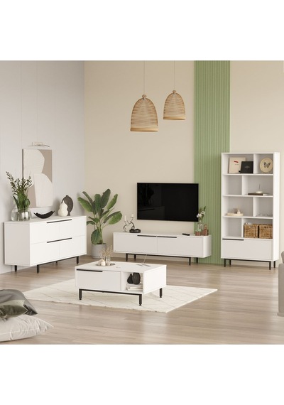 Ocean Tv Ünitesi Orta Sehpa Konsol Kitaplık 4'lü Set Beyaz On21-w