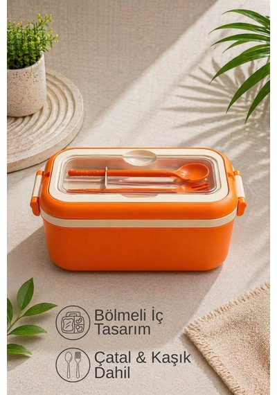 Lunchbox Kaşık & Çatal Dahil - Kilitli Kapaklı - Taşıma Saplı - 3 Bölmeli Turuncu