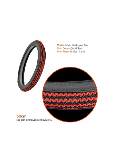 Nyf F-326 Geçmeli Direksiyon Kılıfı Çizgili Kırmızı-siyah Şerit 38 Cm