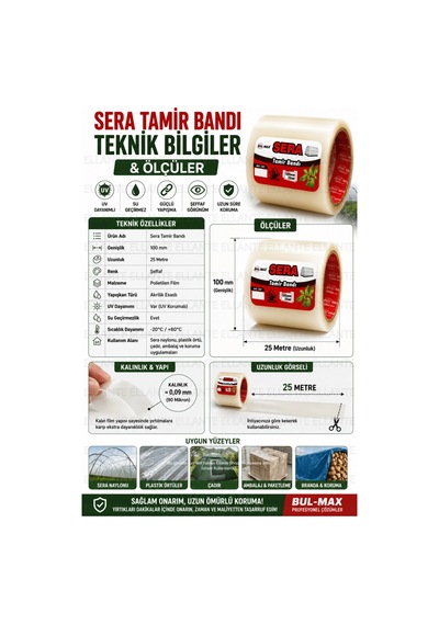 Sera Tamir Bandı 100 Mm X 25 Metre Şeffaf Uv Dayanımlı Güçlü Yapışkanlı Sera Naylonu Onarım Bandı