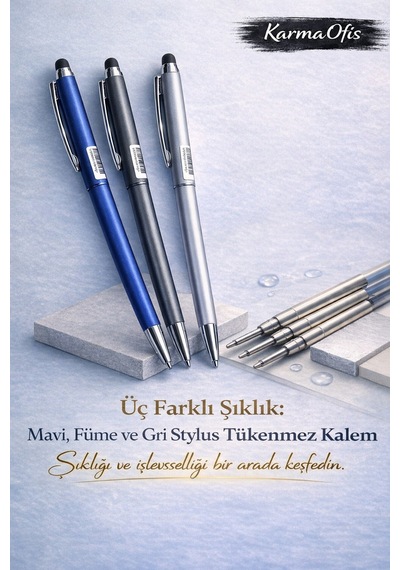 Stylus Tükenmez Kalem Seti Mavi Füme Gri Gövde Dokunmatik Uyumlu Premium Metal Kalem Çok Renkli