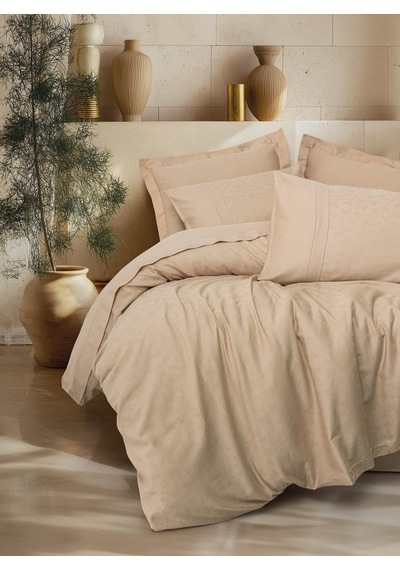 Cotton Box Jakarlı Saten Çift Kişilik Nevresim Takımı Florita Bej Bej