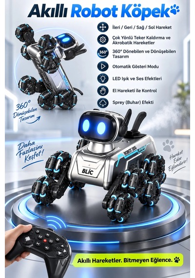 Exenar - Akıllı Aı Robot Köpek Kumandalı Ses Kontrollü Akrobatik Hareketli Işık Sesli Efektli Şarjlı Oyuncak Siyah